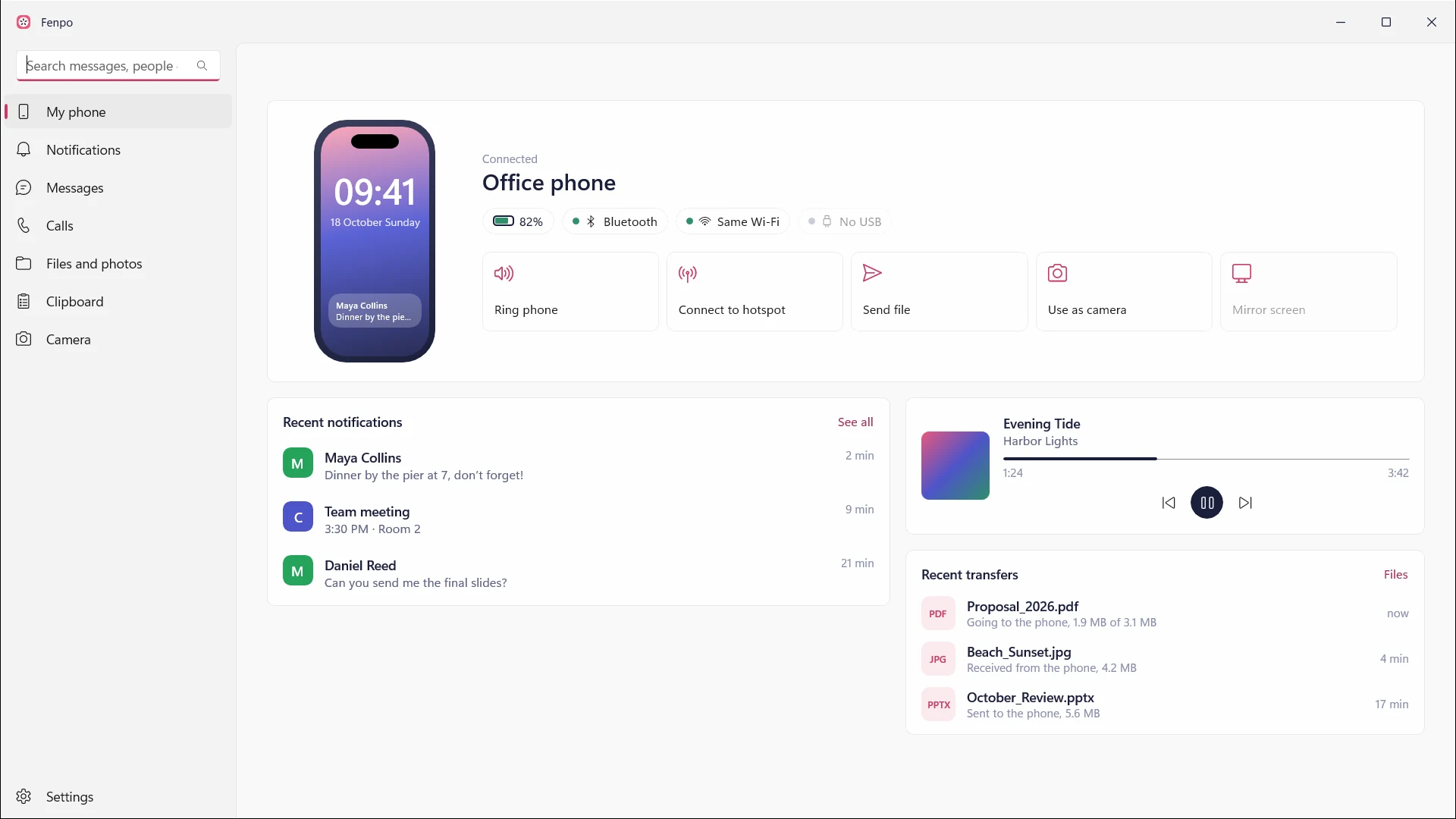 Fenpo for Windows home page: connected iPhone, battery, recent notifications and transferred files