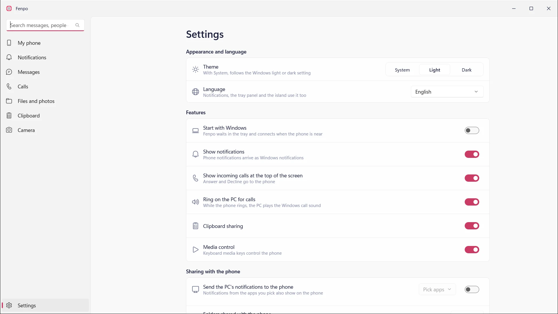 Fenpo for Windows Settings page: appearance and language options
